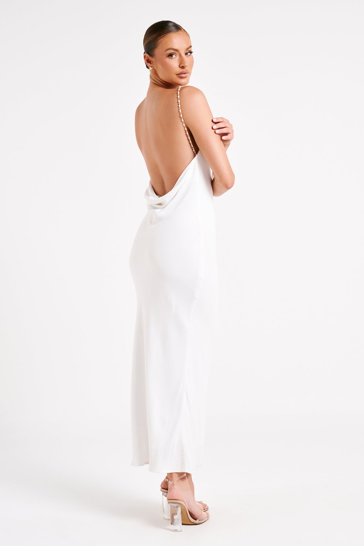 MESHKI Adela Cowl Midi Dress With Pearl Trim - White