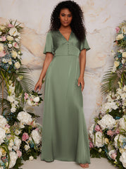 Flutter Sleeve V Neck Satin Maxi Dress in Green
