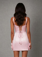BOLODOO Pink 3D Floral Appliqué Spaghetti Strap Mini Dress