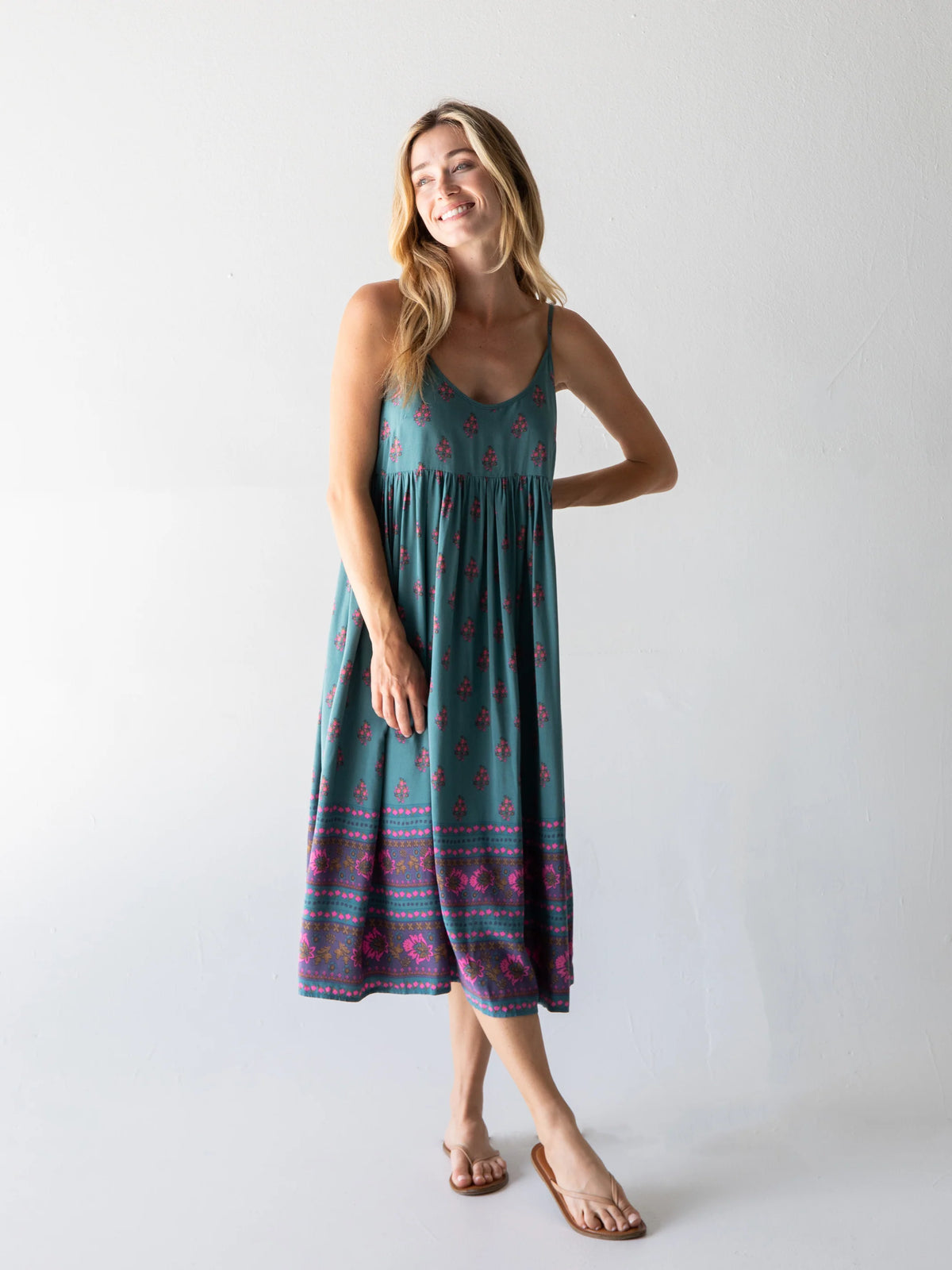 Gigi Midi Dress - Teal Floral Border