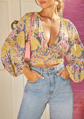 V Neck Long Sleeve Floral Top in Yellow