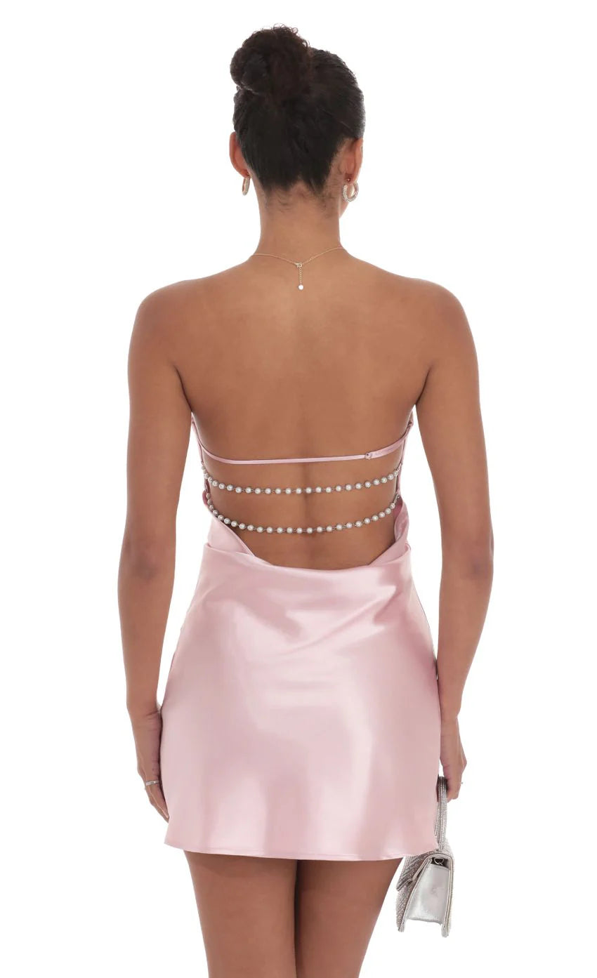 Satin Pearl Open Back Dress in Pink