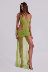 Stellar Asymmetric Hand Beaded Maxi Dress in Lime