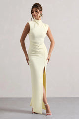Lanetta | Cream Ruched High-Neck Maxi Dress With Split