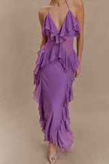 Aleyna Chiffon Ruffle Midi Dress - Purple