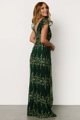 Eva Embroidered Maxi Dress | Green + Gold