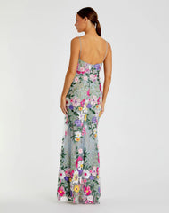Green Floral Embroidered Sleeveless Bustier Gown