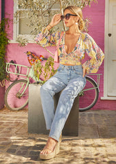 V Neck Long Sleeve Floral Top in Yellow