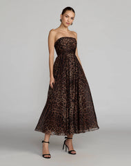 Leopard Strapless A-Line Chiffon Midi Dress