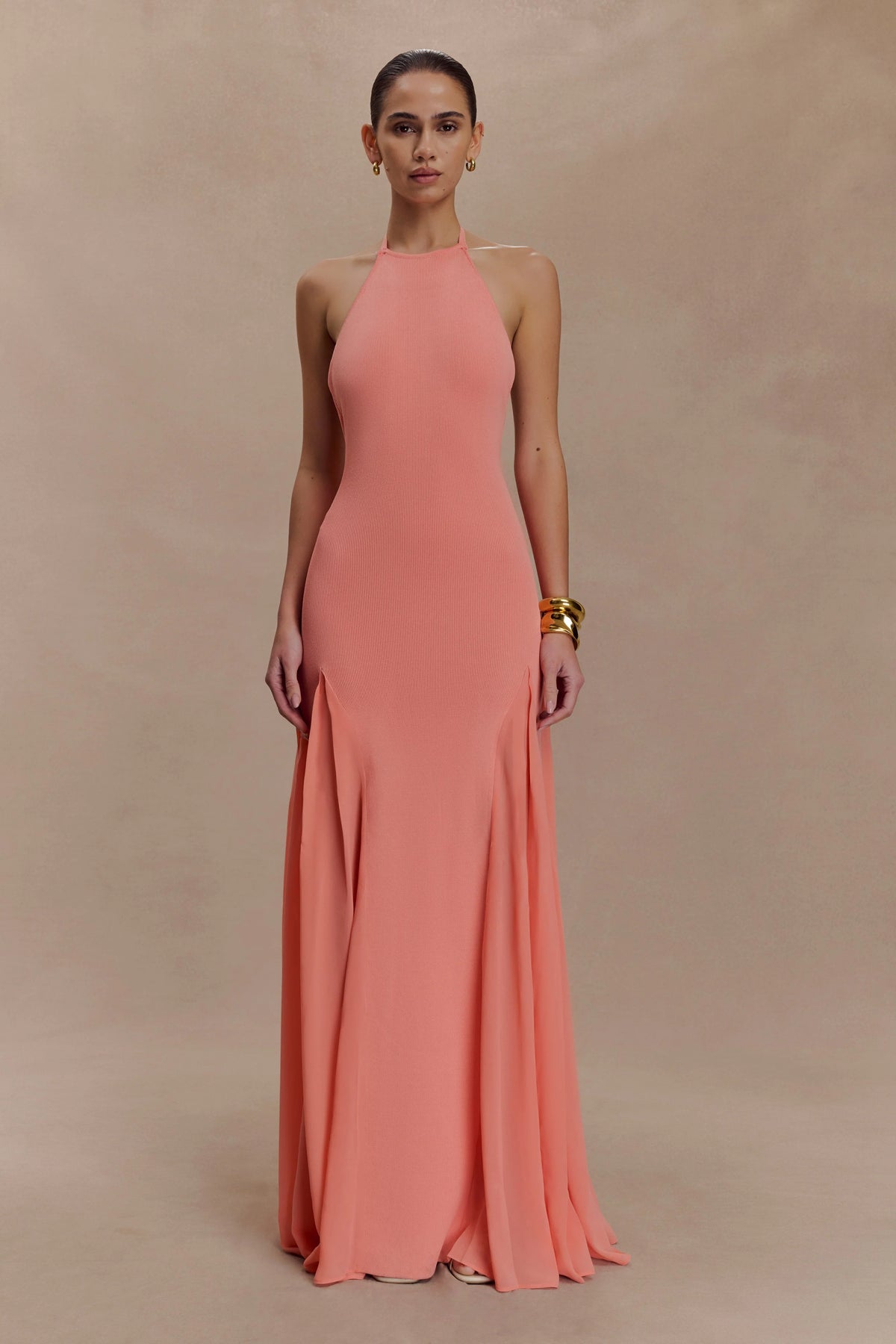 Soleil Knit And Mesh Halter Maxi Dress - Coral
