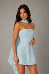 BOLODOO Blue Strapless Sequin Floral Embroidered Mini Dress with Detachable Chiffon Neck Scarf