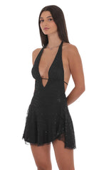 Lace Sequin Plunge Neck Dress in Black