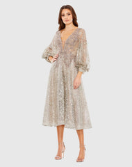 Beige Embellished Plunge Neck Bishop Sleeve Dress