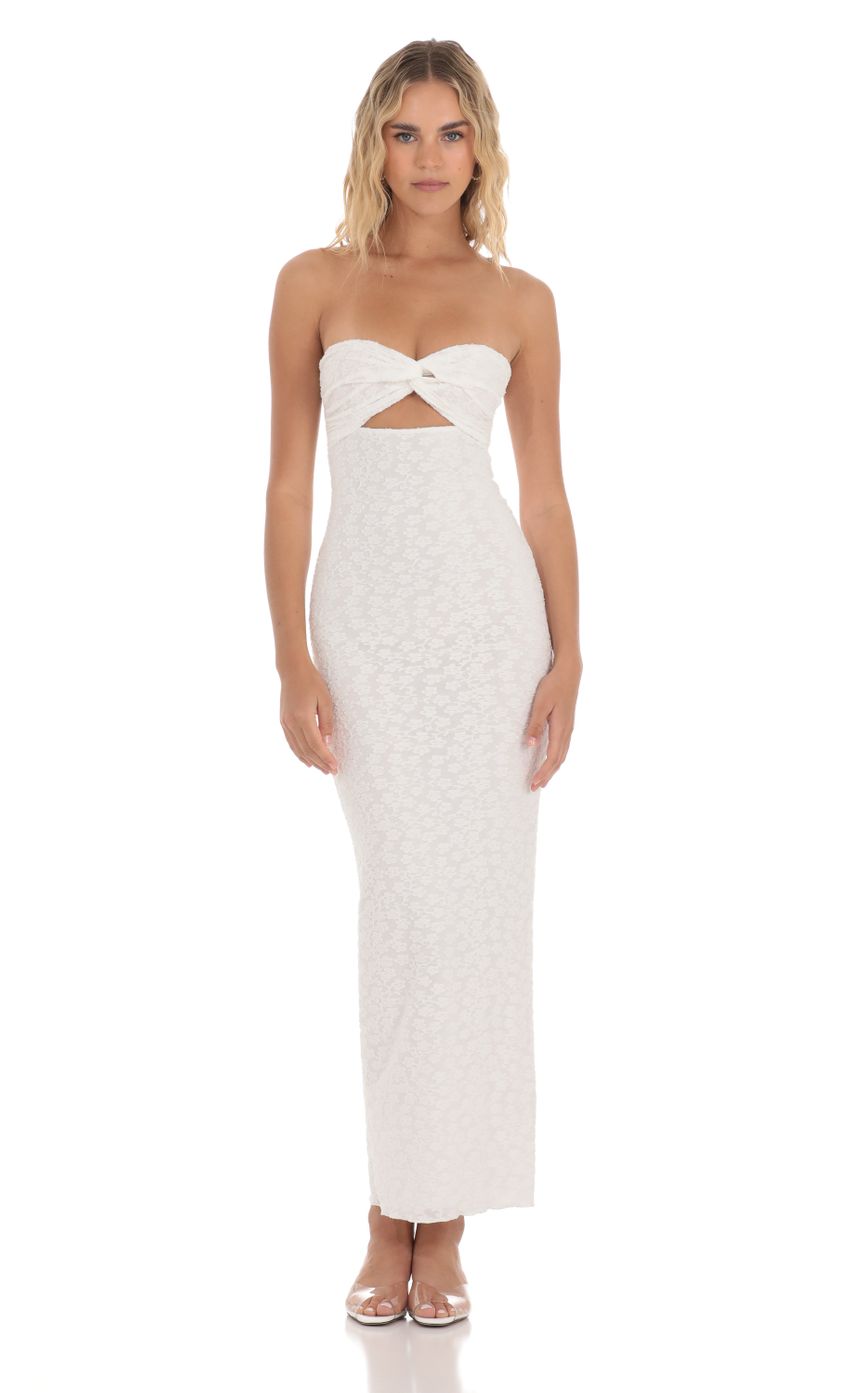 Strapless Lace Twist Maxi Dress in White