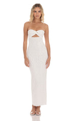 Strapless Lace Twist Maxi Dress in White