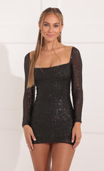 Square Neck Dress in Black Sequin