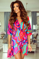 Abstract Printed V Neck Dolman Sleeve Ruffle Wrap Dress