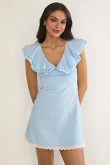 Elegeleges Layered Ruffle Neckline Mini Dress Blue