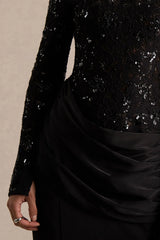 Beau | Black Lace High-Neck Maxi Dress With Draped Detail