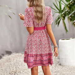 Boho Floral Shirring Waist Midi Swing Dress
