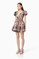 Stellar Floral Sequin Mini Dress In Brown
