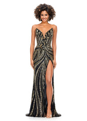 Long Fitted V Neck Slit Beaded Sequin Prom Dress Pageant Gown