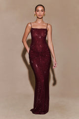 Roisin Diamante Satin Maxi Dress - Mahogany