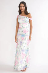 Lylah Asymmetric Neckline Mesh Maxi Dress Floral Blue