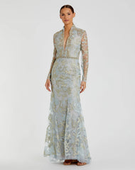 Blue Queen Anne Lace  Long Sleeve  V-Neck Trumpet Gown