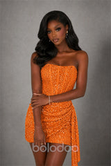 BOLODOO Orange Sequin Strapless Corset Mini Dress with Side Draped Tail