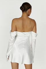 MESHKI Giselle Off Shoulder Satin Mini Dress - White