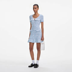 Blue Check Knit Mini Dress