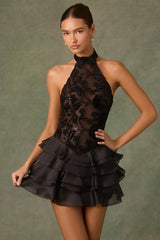 Embellished Ruffled Halterneck Mini Dress in Black