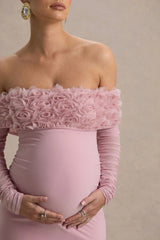 Adita | Blush Pink Mesh Floral Bardot Maternity Midi Dress