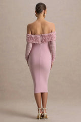 Adita | Blush Pink Mesh Floral Bardot Maternity Midi Dress