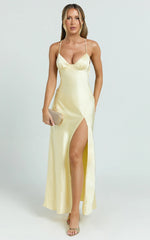 Heidi Maxi Dress - Satin Ruched Bust Tie Back Dress in Lemon