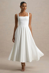 Parina | White Strappy Volume-Hem Midi Dress