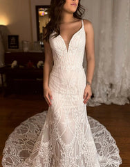 Paulina | Mermaid V-Neck Spaghetti Straps Sweep Train Lace Wedding Dress