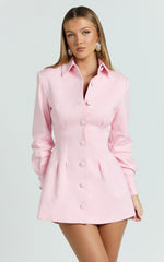 Thelma Mini Dress - Button Front Pleat Waist Tulip Skirt Shirtdress in Pink