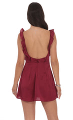 Satin Ruffle V-Neck Dress in Maroon