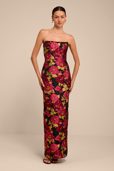 Tatianna Black Floral Jacquard Strapless Maxi Dress
