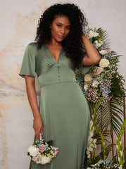 Flutter Sleeve V Neck Satin Maxi Dress in Green