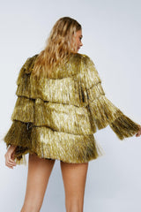 Metallic Open Front Tiered Tinsel Fringe Jacket
