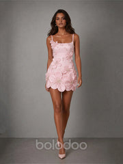 BOLODOO Pink 3D Floral Appliqué Spaghetti Strap Mini Dress