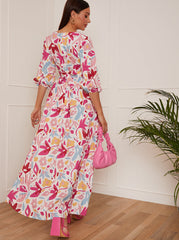 Floral Print Wrap Maxi Dress in Pink