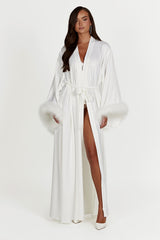 MESHKI Amalia Satin Feather Trim Robe - White