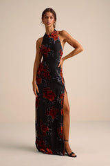 Karima Black Velvet Floral Burnout Halter Maxi Dress