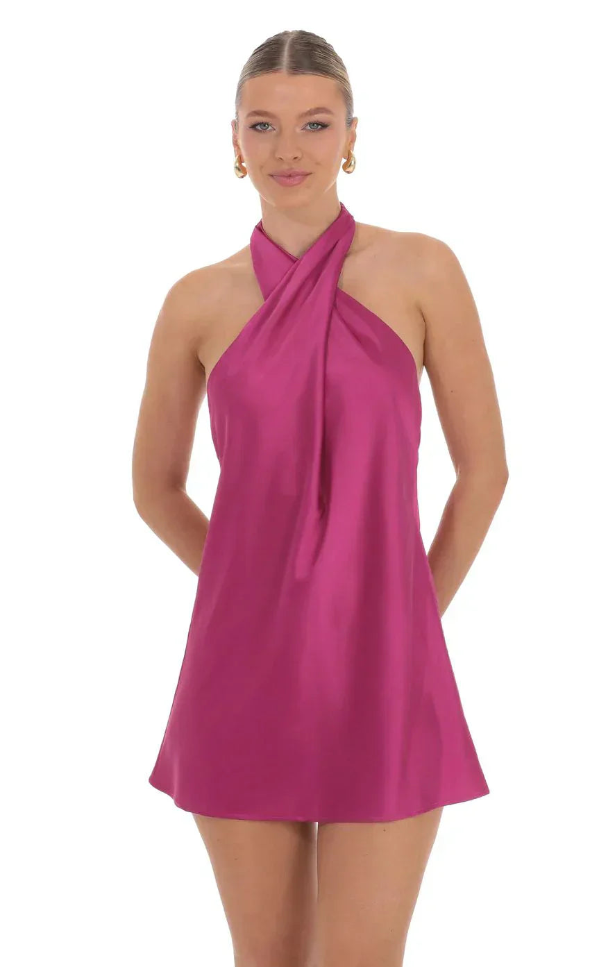 Satin Cross Halter Dress in Magenta