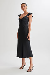 MESHKI Chantal Short Sleeve Satin Midi Dress - Black