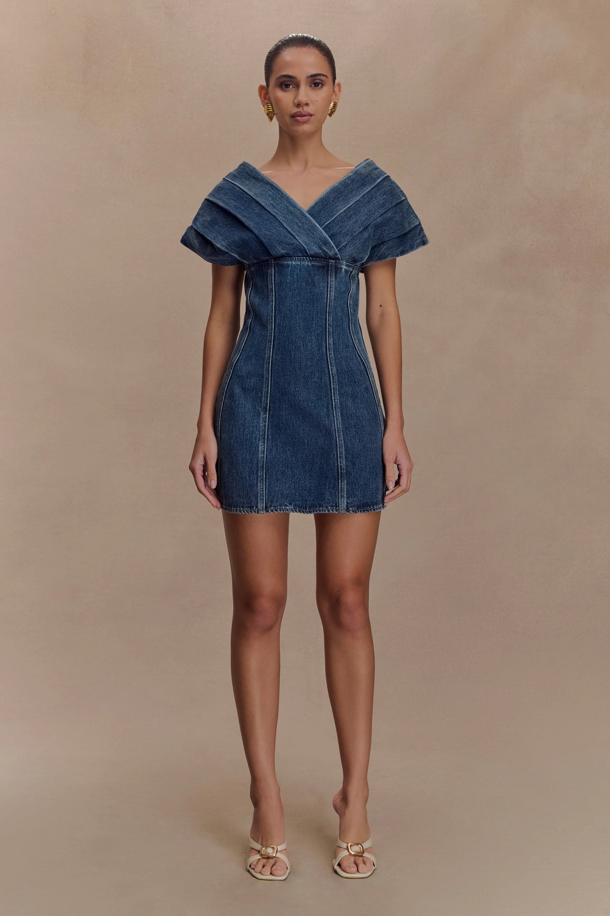 Pascale Off Shoulder Denim Mini Dress - Washed Dark Blue